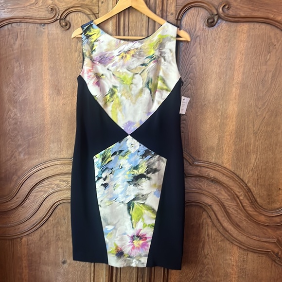 Theia Sleeveless Floral Watercolor Printed Jacquard Sheath Dress - Picture 14 of 14